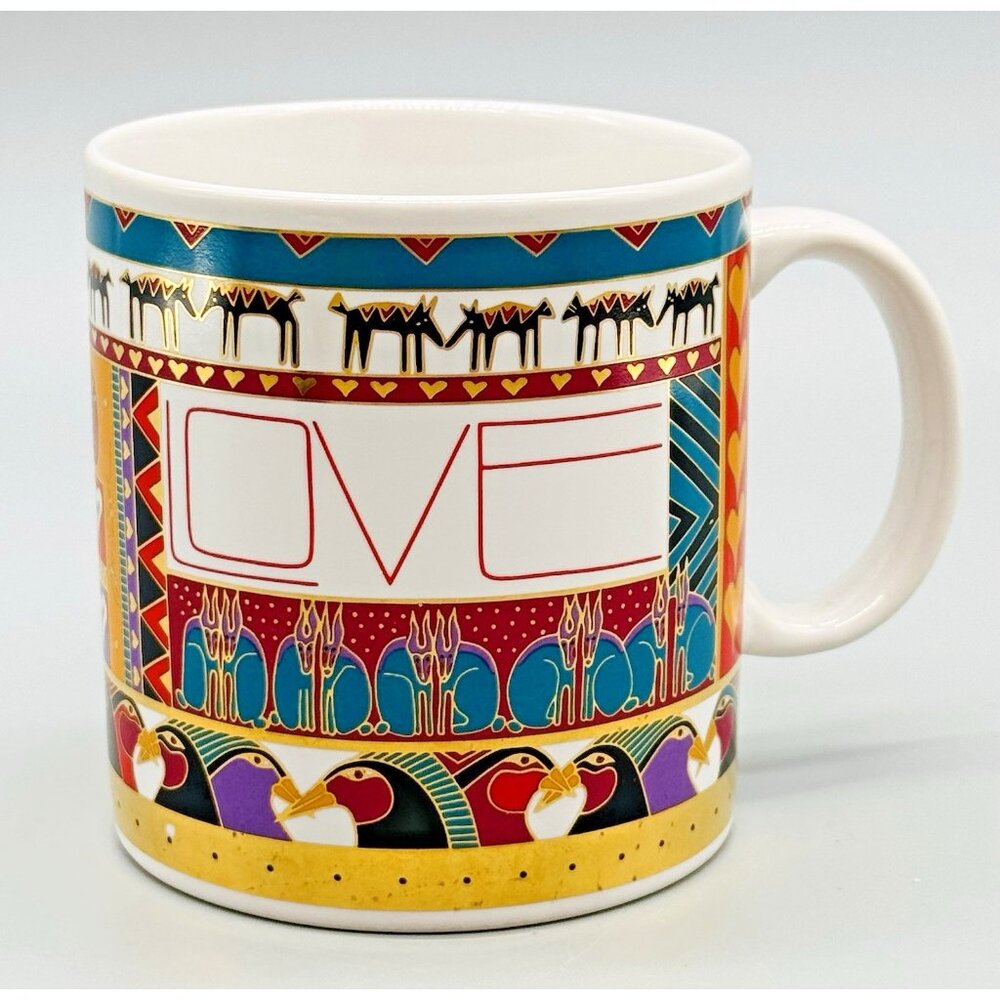 Laurel Burch Objects d'Heart Mug Gold Leaf Cats Birds Rabbits Love 14 oz 1990